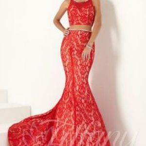 Red lace Tiffany 2 piece mermaid prom dress